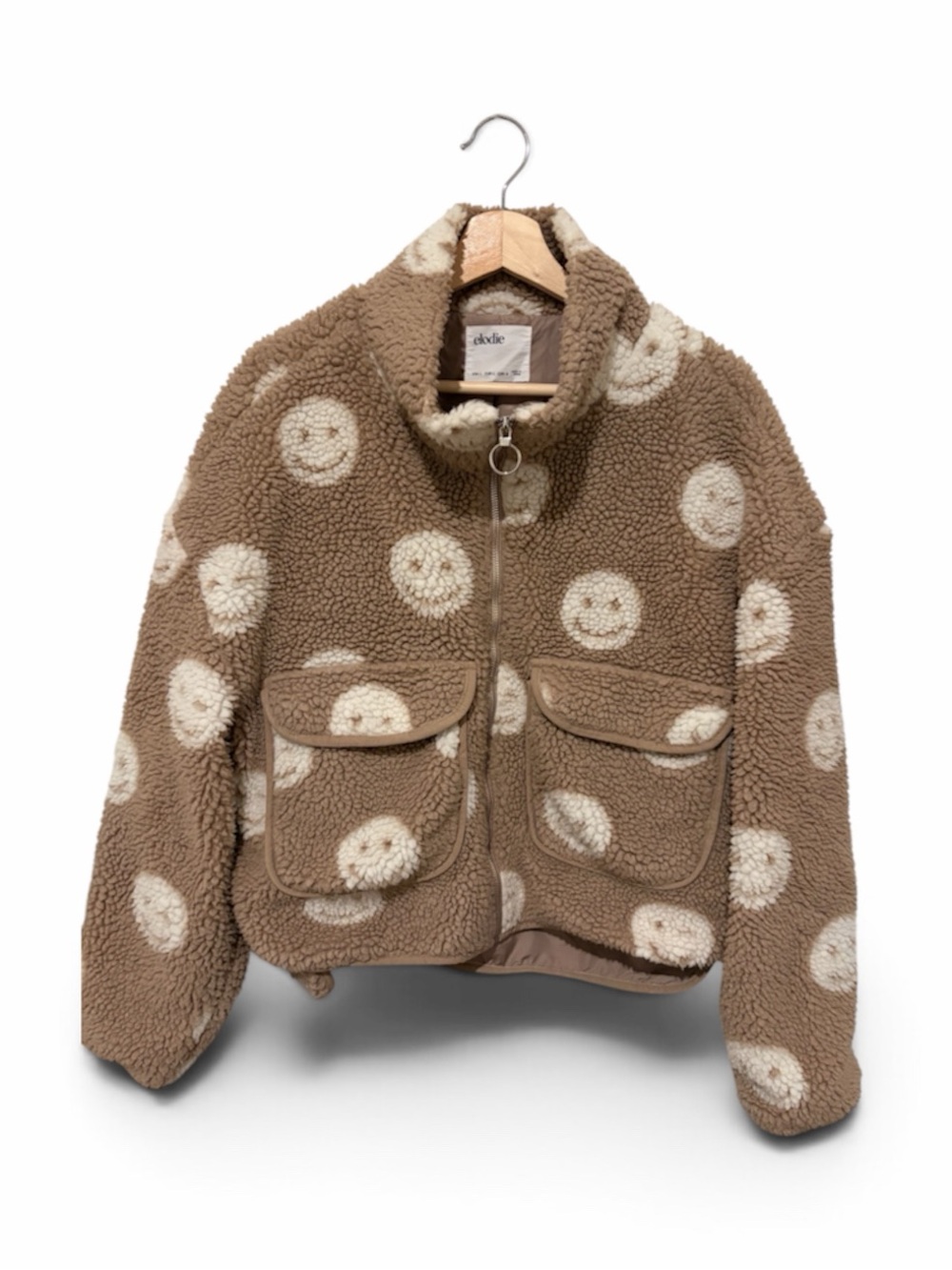 Elodie Sherpa Jacket Brown Tan Cream Size Large Zip Up Smiley Face Cozy Pockets